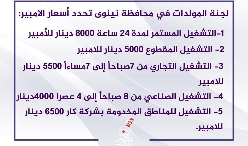 لجنة المولدات في محافظة نينوى تحدد تسعيرة الامبير لشهر حزيران الحالي 